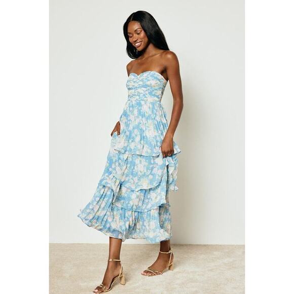 Lulus Dresses & Skirts - Lulus Seriously Sensational Blue Floral Strapless Tiered Maxi Dress - Size M
